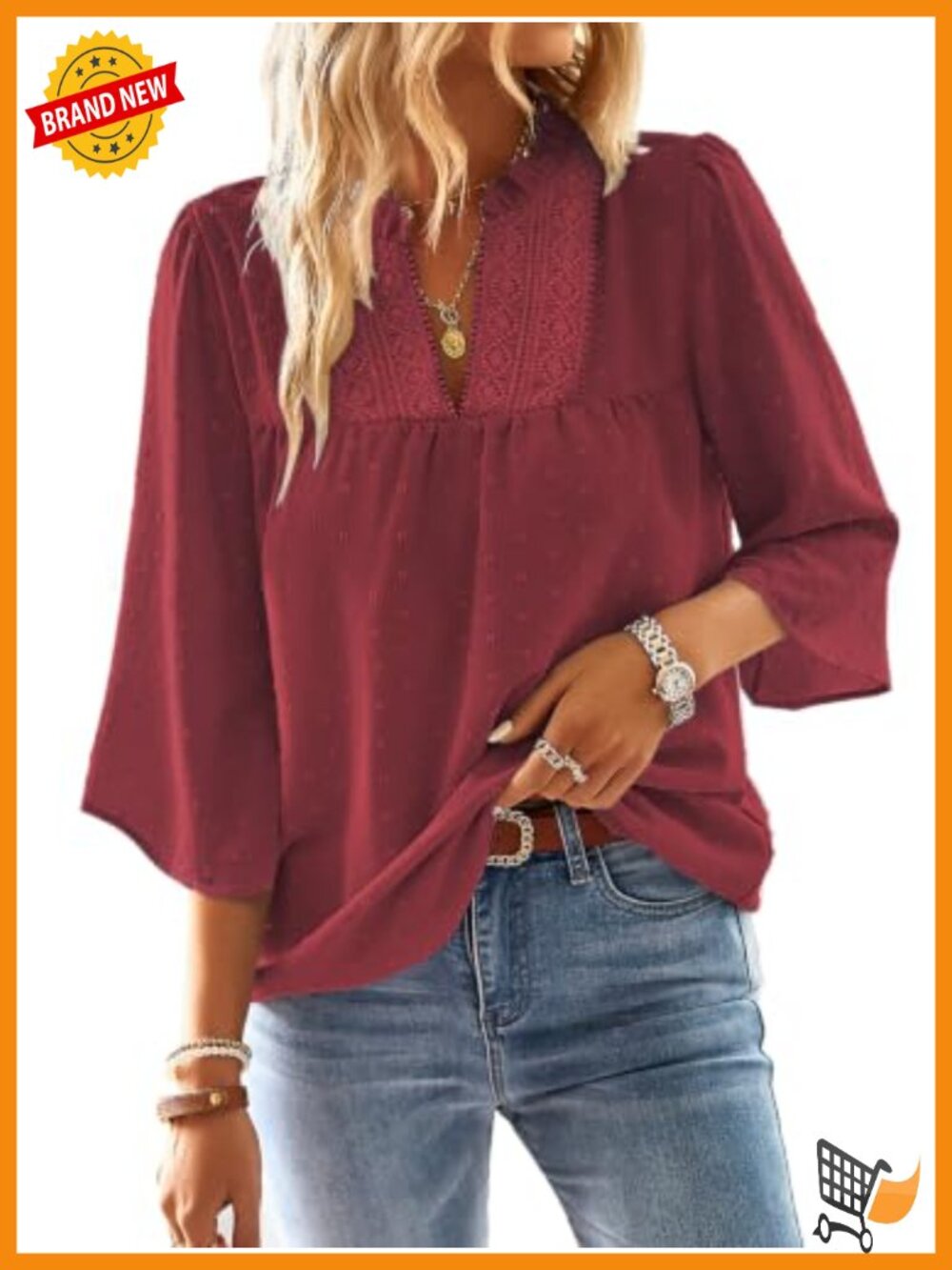 Womens Boho Flowy Tunic Top 3/4 Sleeve Crochet Lace V-Neck Swiss Dot